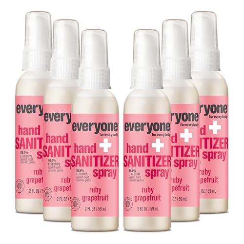 Everyone Hand Sanitizer Spray, 2 Ounce (Pack of 6), Ruby Grapefruit, Plant Derived Alcohol with Pure Essential Oils, 99% Effective Against Germs