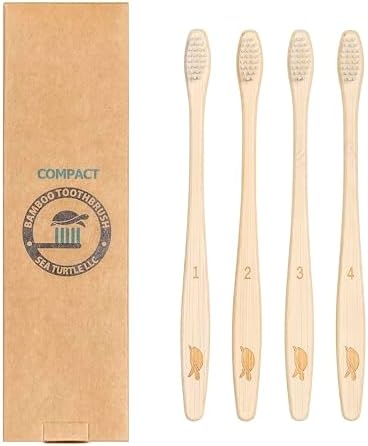 Sea Turtle Plant-Based Bristles, Compact Bamboo Toothbrushes, Soft Natural Toothbrush for Adults (4 Pack)