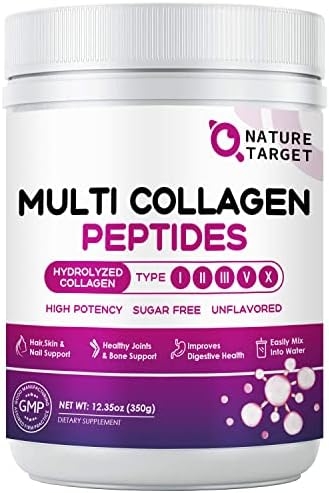 NATURE TARGET Multi Collagen Peptides Powder – Type I, II, III, V, X – Hydrolyzed Collagen Peptides with Vitamin C Hyaluronic Acid, Supports Skin Hair Nail & Joint, Grass-Fed, Non-GMO, 35 Servings