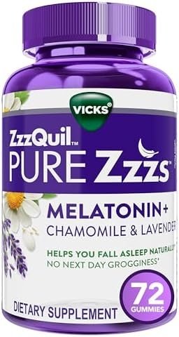 ZzzQuil PURE Zzzs Melatonin Sleep Aid Gummies, Helps You Fall Asleep Naturally, Wildberry Vanilla Flavor, Chamomile Lavender & Valerian Root, 1mg per gummy, 72 Count