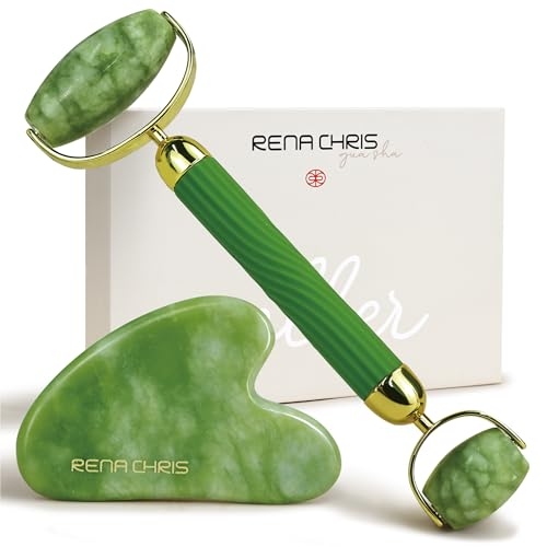 Rena Chris Face Roller & Gua Sha Set, Natural Jade Massage Tools for Jawline Sculpting and Puffiness Reducing, Beauty & Skincare