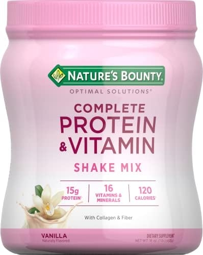 Nature’s Bounty Complete Protein & Vitamin Shake Mix with Collagen & Fiber, Contains Vitamin C for Immune Health, Vanilla Flavored, 16 Oz