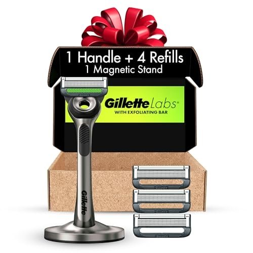 GilletteLabs with Exfoliating Bar by Gillette Razor for Men – 1 Handle, 4 Razor Blade Refills, Holiday Gifts for Men, Includes Premium Magnetic Stand