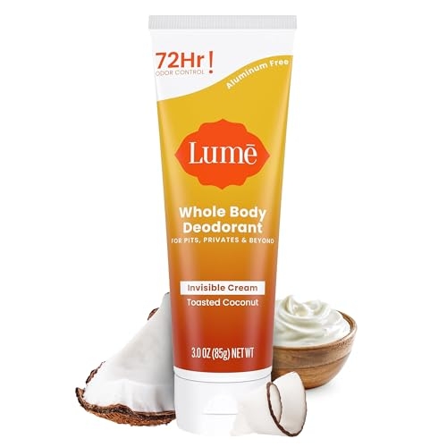 Lume Whole Body Deodorant – Invisible Cream Tube – 72 Hour Odor Control – Aluminum Free, Baking Soda Free, Skin Safe – 3.0 ounce (Toasted Coconut)
