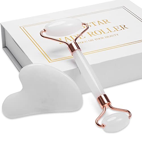 Jade Roller for Face, Facial Roller Massager Skin Care Tool, Gua Sha Facial Tools for Face, Neck, Eyes, Reduce Puffiness of The Skin – White