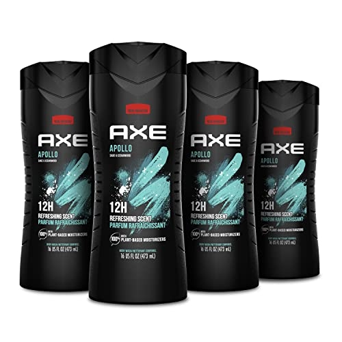 AXE Body Wash Apollo 4 Count for Long Lasting Freshness Sage & Cedarwood Men’s Body Wash with Odor-Busting Prebiotics 16 oz