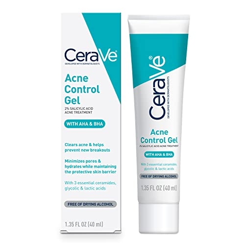 CeraVe Acne Control Gel, 2% Salicylic Acid Acne Treatment With Glycolic Acid + Lactic Acids + Niacniamide, Acne Gel Helps Clear Acne Blemishes Without Over Drying, Alcohol Free & Oil Free, 1.35 Fl Oz