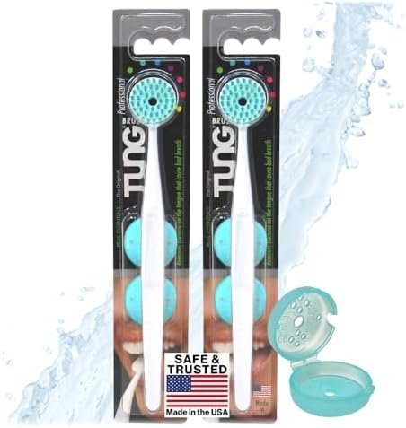 Tung Plastic Tongue Scraper with Protective Caps, Tongue Brush, Tongue Cleaner for Adults, Scrubber, Plastic, Fight Bad Breath and Halitosis | Tongue Scraper Cleaner, Made in America, 2-Pack w/Cap