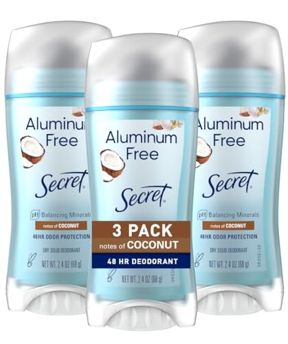 Secret Deodorant Aluminum Free for Women, 48hr Odor Protection, Free of Parabens Dyes Talc & Baking Soda, Coconut Scent, 2.4 oz (Pack Of 3)