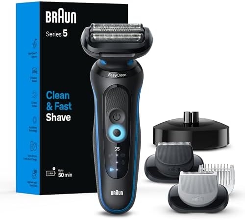 Braun Electric Shaver for Men, Series 5 5150cs, Wet & Dry Shave, Turbo Shaving Mode, Foil Shaver, with Beard Trimmer, Body Groomer and Charging Stand, Blue