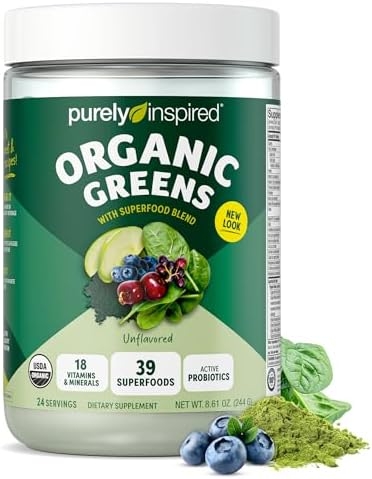 Purely Inspired Organic Green Powder Smoothie Mix, Unflavored (24 Servings) – Probiotics for Digestive Health with Spirulina & Chlorella for Gut Health – Vegan & Gluten-Free