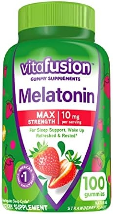 Vitafusion Max Strength Melatonin Gummy Supplements, Strawberry Flavored, 10 mg Melatonin Sleep Supplements, America’s Number 1 Gummy Vitamin Brand, 50 Day Supply, 100 Count