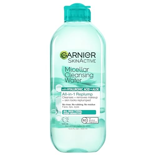 Garnier Micellar Water with Hyaluronic Acid, Facial Cleanser & Makeup Remover, Hydrating and Plumping, For All Skin Types, Vegan, Cruelty Free, 13.5 Fl Oz (400mL), 1 Count