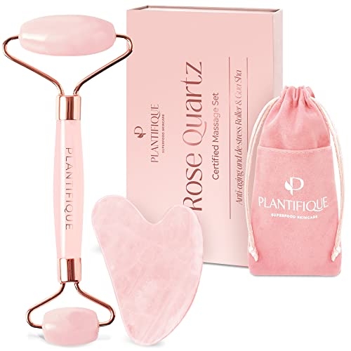 PLANTIFIQUE Face Roller and Gua Sha Rose Quartz Certified – Face Scuplting Tool – Guasha Tool for Face – Jawline Shaper – Face Rollers for Women – Your Skin Care Routine