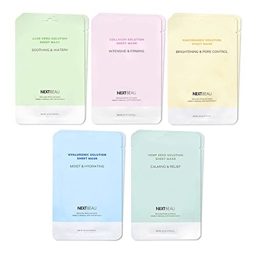 [PACK OF 10] Solution Sheet Mask Pack 5types x 2pc Aloe, Niacinamide, Collagen, Hemp seed, Hyaluronic Acid