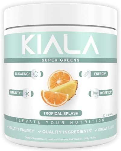 Kiala Nutrition Super Greens, Organic Greens Powder with Spirulina & Chlorella for Digestion, Gut Health, Immunity & Energy, Gluten Free, Vegan, Daily Support for Women, Tropical Splash, 30 Servings