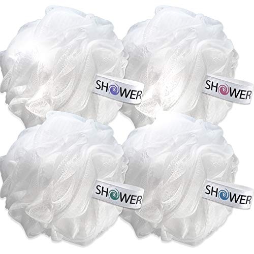 SHOWER BOUQUET Loofah Soft-White-Cloud Bath-Sponge XL-75g-Set 4 Pack, Extra Large Mesh Pouf for Men and Women – Exfoliate with Big Gentle Cleanse Scrubber in Beauty Bathing Accessories
