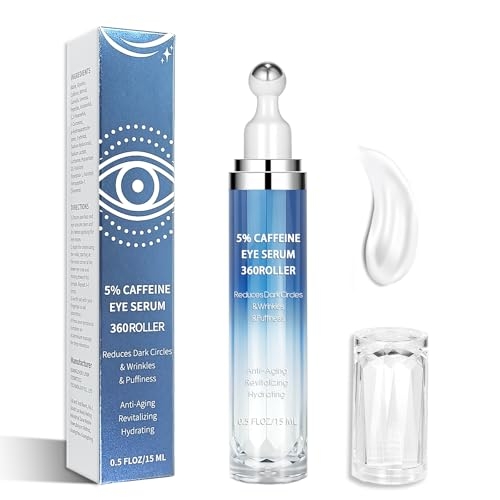 Eye Serum with 5% Caffeine & 5% Retinol – Under Eye Cream with Hyaluronic Acid, Niacinamide & Peptides for Dark Circles, Puffiness & Fine Lines – 360° Massage Roller Ball, 0.5 fl. oz