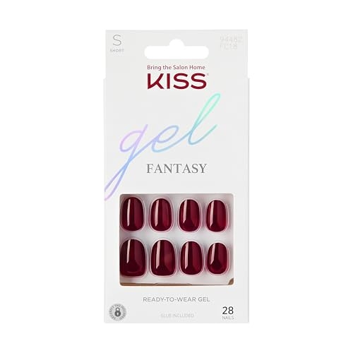 KISS Gel Fantasy, Press-On Nails, Nail glue included, ‘One Call’, Red, Short Size, Oval Shape, Includes 28 Nails, 2g glue, 1 Manicure Stick, 1 Mini File