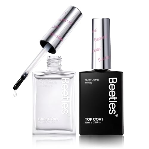 Beetles 2Pcs 15ml Nail Polish Top Coat and Base Coat Set, Fast Drying & Long Lasting Shine Clear Nail Polish Strengthener and Growth, 3 IN 1 Protects Nails, Enhances Glossy and Nourishes Nails