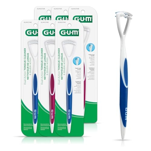 GUM Tongue Cleaner – Dual Action Soft Bristled Tongue Brush with Tongue Scraper for Better Oral Hygiene – Bad Breath Treatment (6pk)