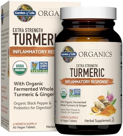 Garden of Life Organics Extra Strength Turmeric Inflammatory Response 60 Tablets-100mg Curcumin (95% Curcuminoids) Black Pepper, Probiotics, Organic Non-GMO Vegan Gluten Free Herbal Supplement