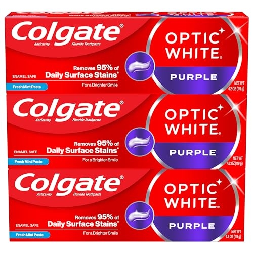 Colgate Optic White Purple Toothpaste for Teeth Whitening, Teeth Whitening Toothpaste with Fluoride, Helps Remove Surface Stains and Polishes Teeth, Enamel-Safe for Daily Use, Mint, 3 Pack, 4.2 oz