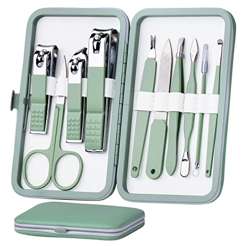 Manicure Set 10 in 1 Stainless Steel, Nail Clippers Scissors Pedicure Tools Kit – Portable Travel Grooming Kit for Men and Women with Leather Case (Jade Green)