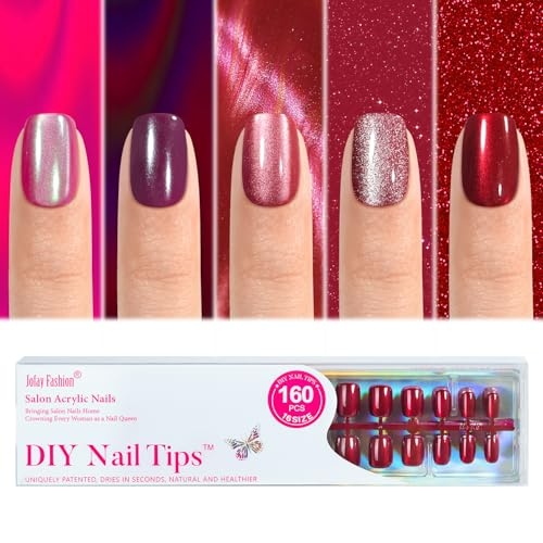 Cat Eye Press on Nails Red – 5 Styles Christmas Press on Nails Short Square, Soft Gel x Coat Nails False Nails, Bt Art Box Press On Nails in 32 Sizes -160PCS Soft Gel Fake Nails Kit