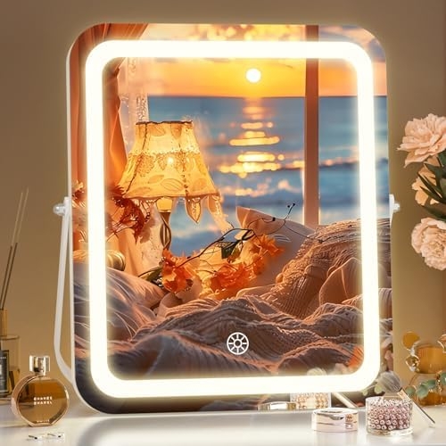 Hasipu Vanity Mirror with Lights, 10″ x 12″ LED Makeup Mirror, 3 Modes Light, Smart Touch Control Dimmable, 360°Rotation, Rectangle White Frame