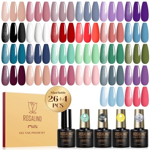 ROSALIND 30PCS Gel Nail Polish Set with Base Glossy Matte and Glitter Top Coat Gel Polish, Multicolored Gel Nail Set Long Lasting DIY Manicure Gifts