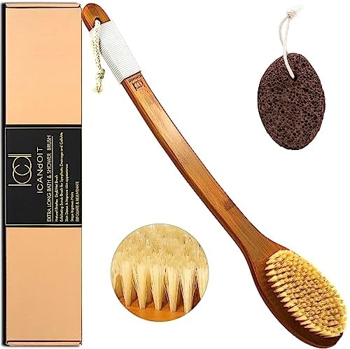 ICANdOIT-19.68Inch Natural Boar Bristles Anti-Slip Extra Long Handle Bath Brush,Bent Handle Shower Scrubber for Exfoliating,Shower Back Brush,Exfoliation Set with Pumice Stone (1 Pack)