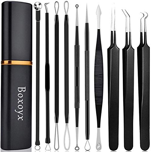 Pimple Popper Tool Kit – Boxoyx 10 Pcs Blackhead Remover Comedone Extractor Kit with Box for Quick and Easy Removal of Pimples, Blackheads, Zit Removing, Forehead,Facial and Nose (Black)