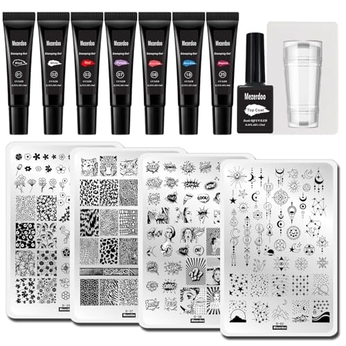 Stamping Gel Nail Stamper Plates Design Kit, 7 Colors Nail Stamping Polish Gel 8ml+ Silicone Nail Stamper Scraper Set+ 4 Nail Stamp Plate Star Moon Flower Leopard Girl Design Templates + 12ml Top Coat