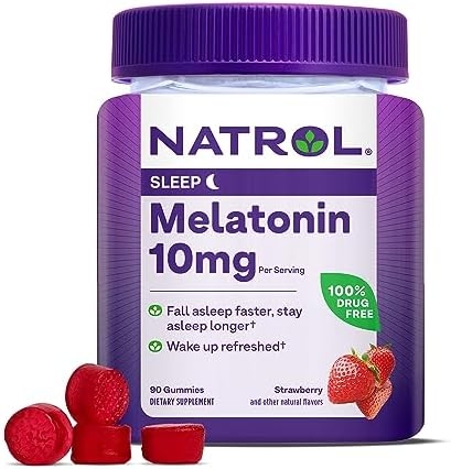 Natrol Melatonin Gummies, Sleep Support for Adults, 10 mg Melatonin Supplement for Sleeping, 90 Strawberry-Flavored Gummies, Up to a 45 Day Supply