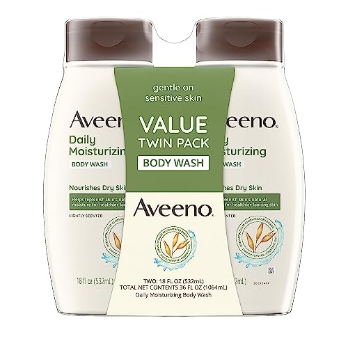 Aveeno Daily Moisturizing Body Wash for Dry & Sensitive Skin with Prebiotic Oat, Hydrating Body Wash Nourishes Dry Skin & Gently Cleanses, Light Fragrance, Sulfate-Free, 18 fl. oz, Pack of 2