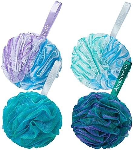 AmazerBath Loofah Sponge 75g/Piece, Exfoliating Bath Sponge Body Scrubber – Loofa Set of 4 Flower Color (Large, Green-Purple)