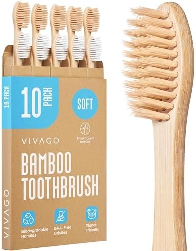 Bamboo Toothbrushes 10 Pack – BPA Free Soft Bristles Toothbrushes for Adults, Eco-Friendly, Biodegradable & Compostable Natural Wooden Toothbrush