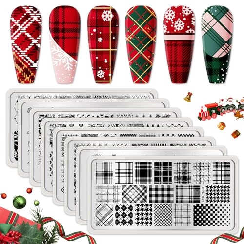 Born Pretty Nail Stamping Plates Set Plaid Flowers Leaves Lace Nail Art Image Plates Spring into Winter Stamp Templates Kit Image Manicuring DIY Printing Tools 8PCS