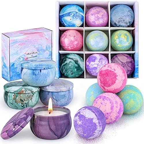 Bath Bombs Gift Set – 5 Large Fizzy Spa Bombs with 4 Scented Candles for Women – Moisturizing Bubble Bath with Essential Oils for Valentine’s, Birthday Gifts