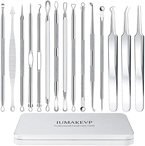 Pimple Popper Tool Kit, IUMAKEVP 15 PCS Professional Stainless Steel Blackhead Remover Comedone Extractor Tools for Removing Zit on Face – Acne Removal Kit with Metal Case (Silver)