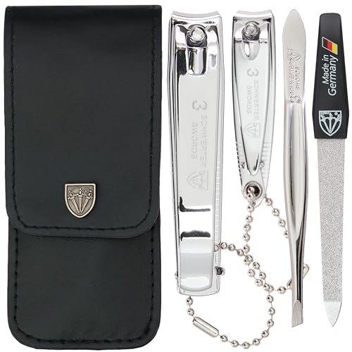 3 Swords Germany – Brand Quality 4 Piece Manicure Pedicure Grooming kit Set for Professional Finger & Toe Nail Care Tweezers File Clipper Fashion Leather case in Gift Box, Made by 3 Swords (77211)
