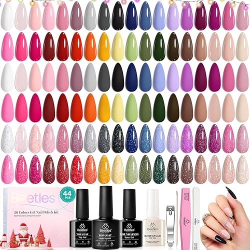 beetles Gel Polish 44 PCS Gel Nail Polish Set-36 Colors Gel Polish Set Base Coat Glossy Matte & Glitter Top Coat Colorful Muse Collection Nude White Pink Red Blue Gel Gifts for Women