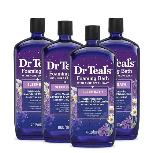 Dr Teal’s Foaming Bath with Pure Epsom Salt, Sleep Blend with Melatonin, Lavender & Chamomile Essential Oils, 34 Fl Oz (Pack of 4) (Packaging May Vary)