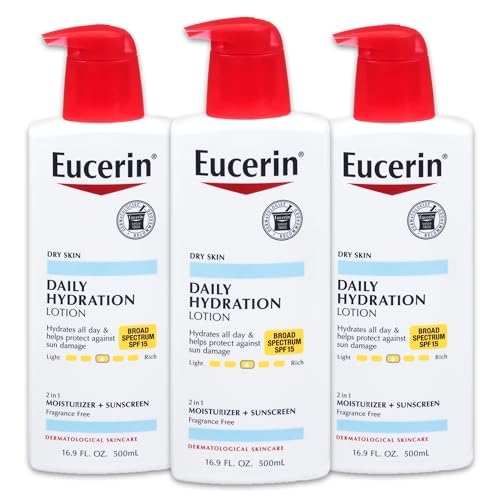 Eucerin Daily Hydration Lotion with SPF 15 – Broad Spectrum Body Lotion for Dry Skin – 16.9 fl. Oz. Pump Bottle (Pack of 3)