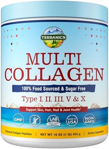 Terranics Multi Collagen Peptides Powder, Type I II III V X Hydrolyzed Collagen for Women & Men, Collagen Supplements for Skin, Nail, Hair & Joint, Easy to Dissolve, Unflavored, No Sugar, Keto, 16oz