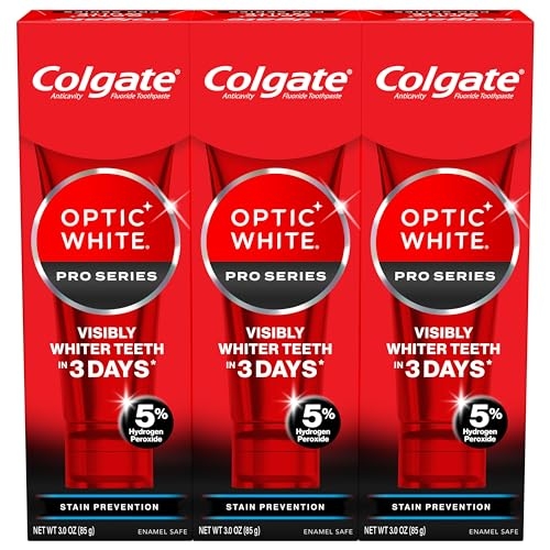 Colgate Optic White Pro Series Stain Prevention Hydrogen Peroxide Toothpaste, Teeth Whitening Toothpaste, Effectively Removes Tea, Coffee, and Wine Stains, Enamel-Safe for Daily Use, 3 Pack, 3.0 oz