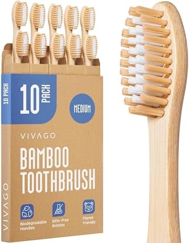 Bamboo Toothbrushes Medium Bristles 10 Pack – BPA Free Medium Bristles Toothbrushes for Adults | Eco-Friendly, Compostable & Biodegradable Toothbrush | Natural Wooden Toothbrushes
