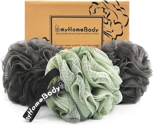 myHomeBody Large 70g Loofah Sponge, Bath Body Scrubber for Women, Men, Exfoliating Shower Pouf with Activated Charcoal – 2 Graphite Gray + 1 Sage Green, 3 Pack