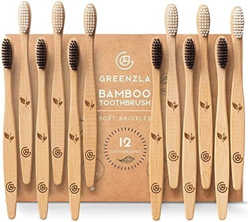 Greenzla Organic Bamboo Toothbrushes, 12 Pack Sturdy BPA Free Soft Bristles Toothbrushes for Adults with Toothbrush Travel Case & Charcoal Dental Floss, Biodegradable & Compostable Wooden Toothbrushes